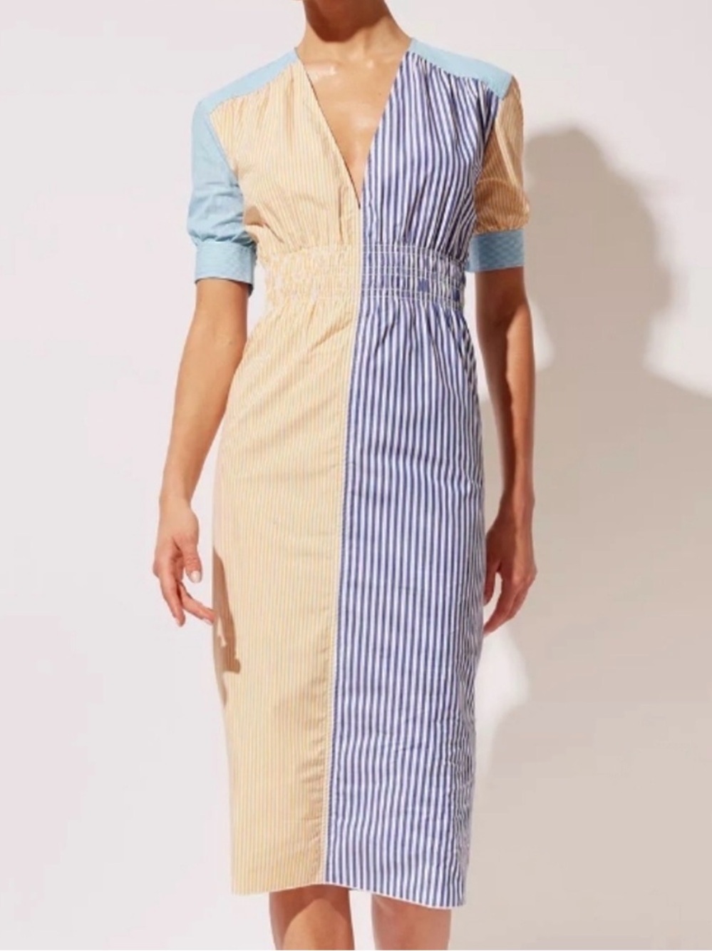 Solid and striped dress Delilah dress cotton midi smocked high waisted small
